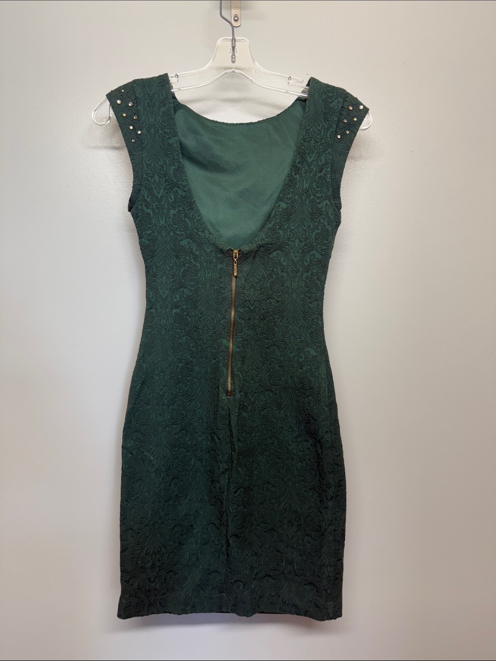 Zara Forest Green Textured Cap-Sleeve Sheath Crochet Lace Rhinestone Mini Dress - Picture 6 of 7